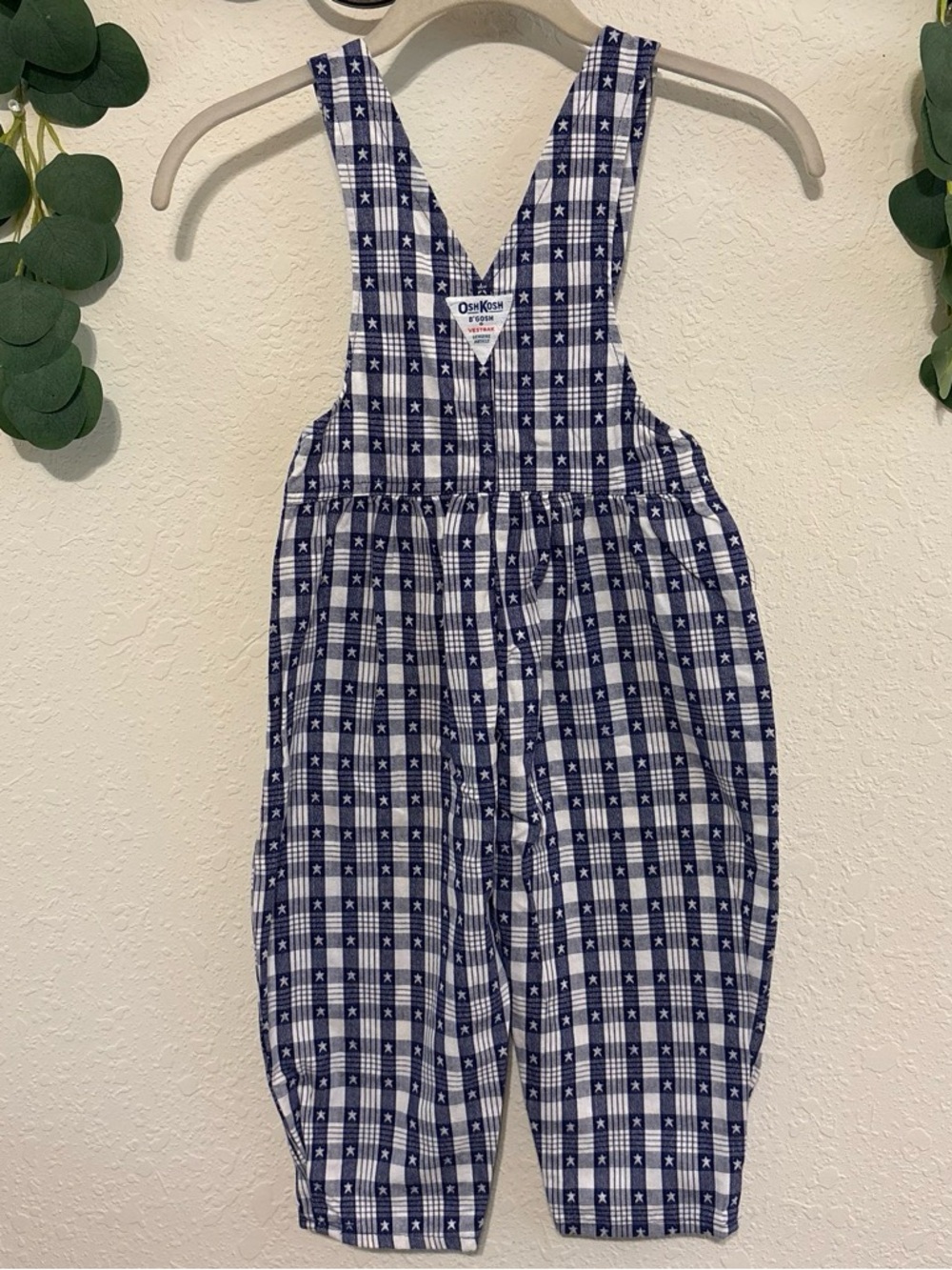Vintage OshKosh B'gosh White and Blue Star Gingham Plaid Overalls✨